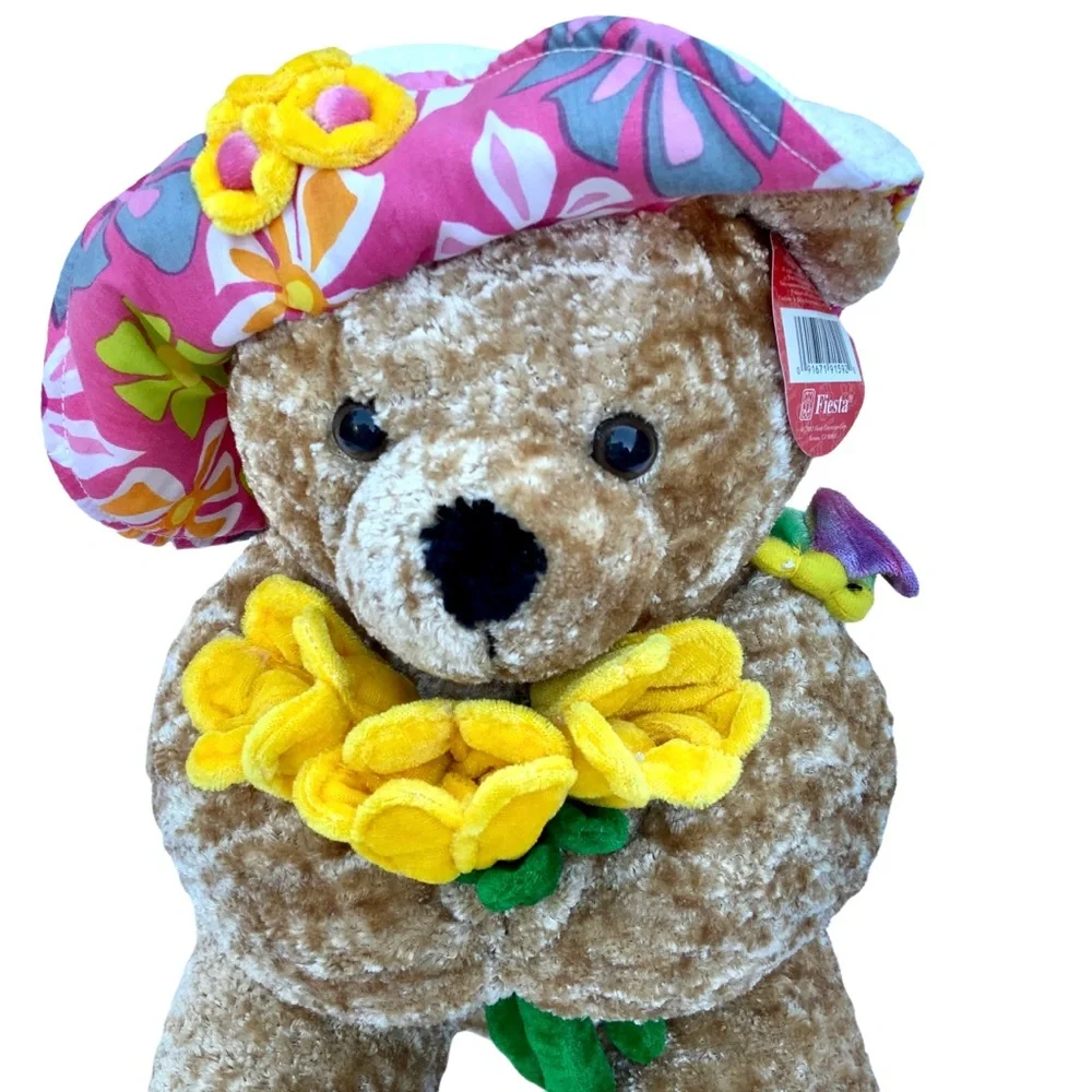 Fiesta‎ Hawaii plush chenille bear with hat holding yellow flowers